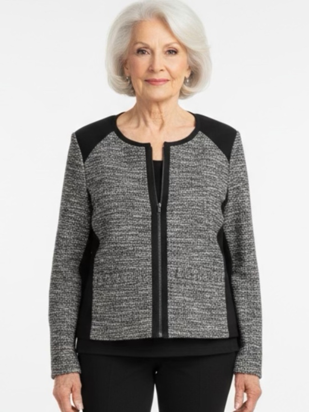 EILEEN FISHER Tweed black & white cropped moto style full zipper jacket Small